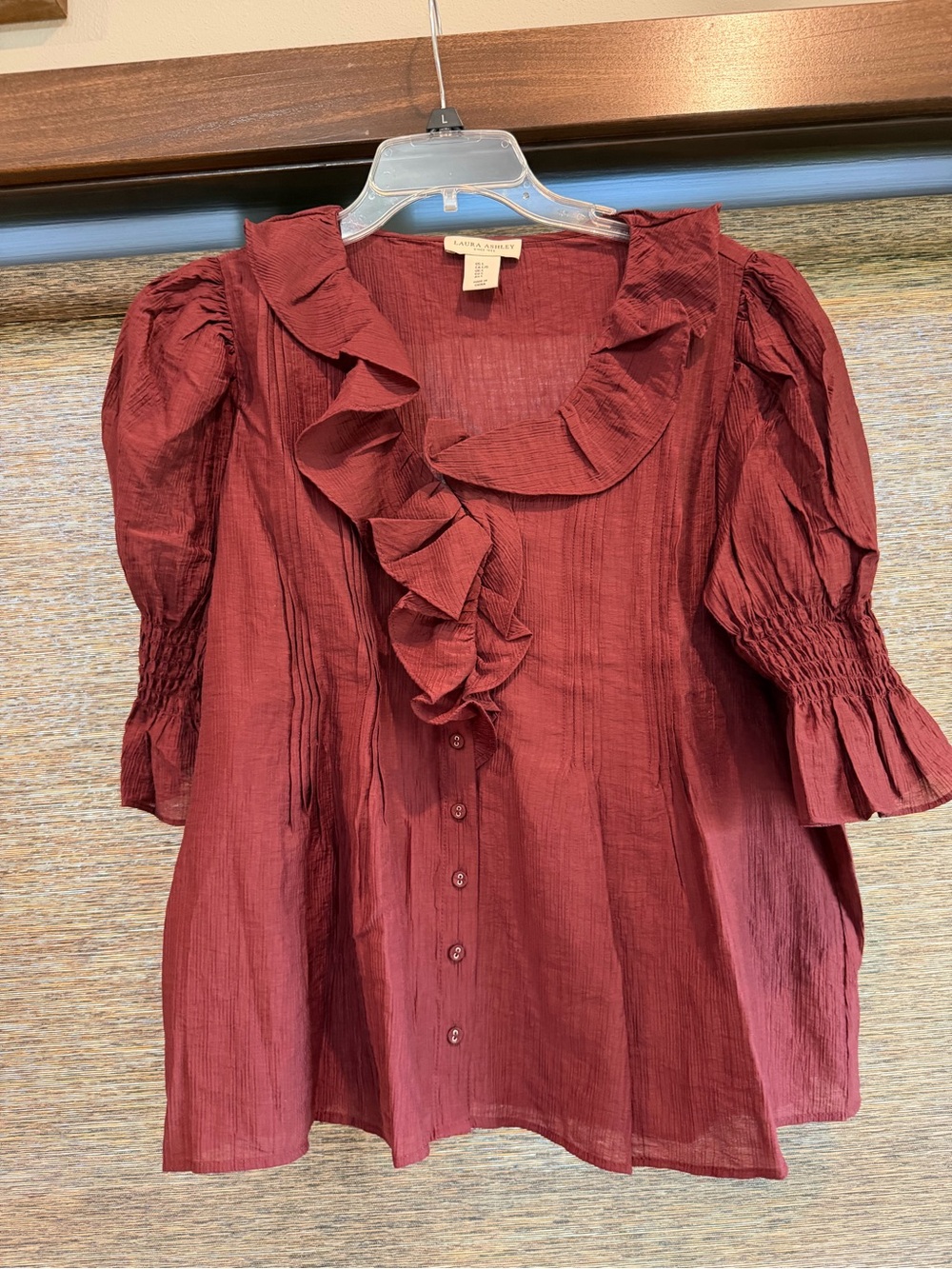 Laura Ashley Wine Red Ruffle Front Peasant Blouse